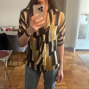 Diane Von Furstenberg Black Tan Women's Geometric 2-Piece Silk Blouse/Cami Size2